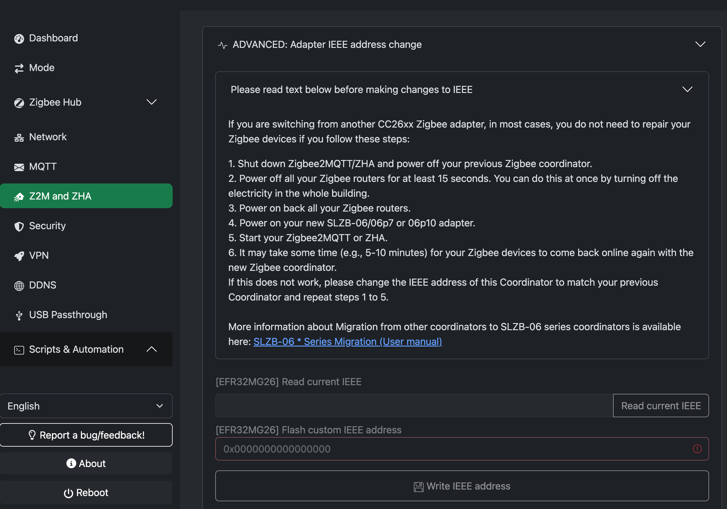 Flashing the IEEE address onto the CC2674P10 chip via the SMLIGHT MR4U web interface