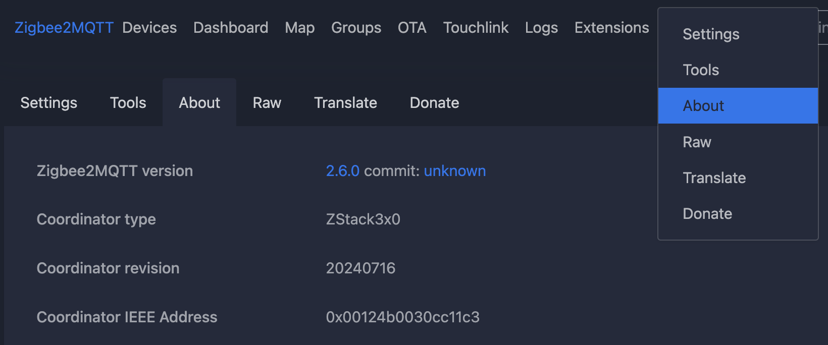 Copying the coordinator's IEEE address from Zigbee2MQTT's Settings → About page